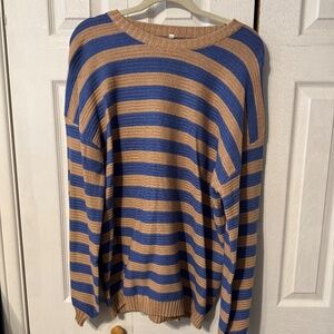 Women's Long Sleeve Blue & Camel Striped Crew Neck Sweater - Size XL
